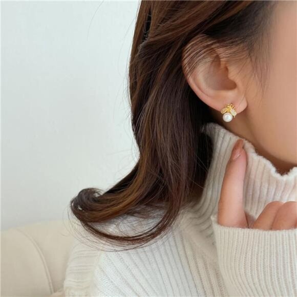 Bumble Bee Stud Earrings for Women | Pearl & Crystal Honey Bee Earrings | Cute - Picture 2 of 7